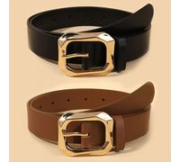 TEMU Dos hebillas doradas de diamante de PU para mujer, con correas negras y camel, una cinturón elegante y moderno adecuado para vestidos, pantalones casuales y jeans