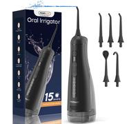 TEMU El irrigador bucal portátil 5 y 3 niveles, lo que un total de 15 opciones de cepillado. Es IPX7 y un de agua grande desmontable de 300 ml, lo que lo adecuado para regalos o uso personal.