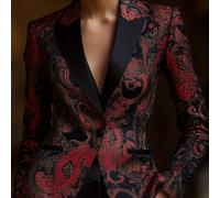 TEMU Elegante blazer de satén con estampado de paisley y negro para mujer - larga, cuello con solapa, versátil para todas , formal, estilo , tejido de calidad.