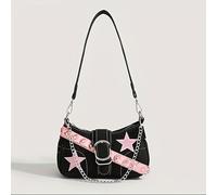 TEMU Elegante bolso de con diseño de patchwork, cierre de cremallera y correa ajustable, con estrellas rosas y negro, para mujer.