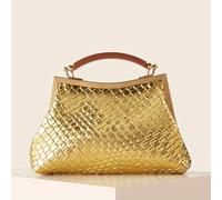 TEMU Elegante bolso de dorado con para mujer - Bolso de sintético tejido con cierre de clip, borla decorativa y detalles brillantes, para fiestas formales, accesorio de fiesta, acabado texturizado