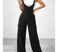 TEMU Elegante mono de color sólido para mujer con bolsillos, poliéster de punto 95% elastano 5%, espalda con tirantes, ropa de /verano/otoño, peso de 180g/m²