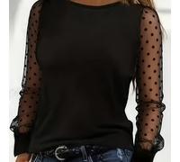 TEMU Elegante Top de Mujer de Color Sólido con Panel de Malla Transparente y de Farol con , Cuello y Elasticidad Media - Encaje Transpirable, Tejido Elástico Lavable a Máquina para , Verano y Otoño