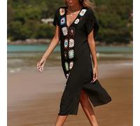 TEMU Elegante vestido de caftán con abertura floral de ganchillo - Manga corta semitransparente, abertura lateral, cuello en V de corte holgado, para el traje de baño de vacaciones de las mujeres