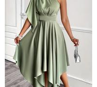 TEMU Elegante vestido peplum asimétrico de un para mujer, vestido midi y de color liso de satén de poliéster con de con volantes - Traje de noche tejido para adultos