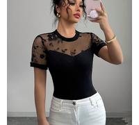 TEMU Elegante y sexy camiseta casual de manga corta para mujer, con cuello , insertos de malla en el pecho y , bordado, un diseño ajustado y tejido elástico, para y verano.