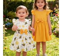 TEMU es un conjunto de dos piezas adecuado para bebés niñas al , que un vestido de y verano con patrones florales a rayas y estampados de abejas, junto con un vestido de color sólido con de .
