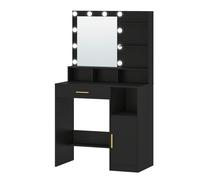 TEMU Escritorio con espejo luces LED, 3 estantes y 4 compartimentos abiertos, gran cajón y armario, 3 niveles de iluminación ajustables, /negro/