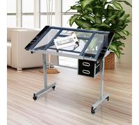 TEMU Escritorio de Arquitecto Ajustable con Tapete de Vidrio Inclinable, Escritorio de Oficina con 2 Cajones para Artistas, , Pintores.