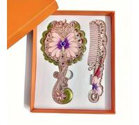 TEMU Espejo de maquillaje con diseño de de estilo vintage y en relieve, con mango de metal plegable portátil y peine de belleza