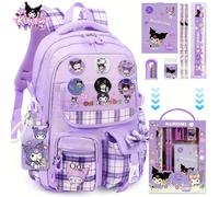 TEMU Esta mochila Sanrio Kuromi de gran capacidad con un set de papelería, insignias y un tarjetero Kuroni, lo que la convierte en un regalo ideal para para viajes al o .
