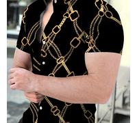 TEMU Estampado de cadena negra, camisa de manga corta con solapa para hombre, camisa sencilla y , top versátil para vacaciones, , verano, citas, vacaciones, viajes diarios, vacaciones y ocio.