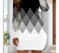 TEMU Etiqueta de mujer con impresión 3D con de colisión de bloques de color geométricos, adecuada para todas , vestido casual de larga con cuello para vacaciones