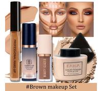 TEMU Facial Todo en Uno 5 piezas - Corrector de Cobertura, Base Líquida , Crema 3D, Polvo Suelto de Larga Duración y Borla Esponjosa - Esculpidor e ( los Artículos, Sin de Regalo)