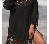 TEMU Falda de mujer de color sólido con cuello en V, larga, diseño hueco de crochet, borlas decorativas, estilo casual holgado y para vacaciones, talla grande, ideal para
