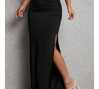 TEMU Falda midi negra elegante para mujer con abertura en la parte de la pierna, ajuste ceñido, diseño suelto para fiestas , falda de cintura . Moda suelta con detalles , silueta de línea A.
