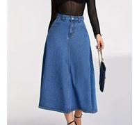 TEMU Falda vaquera de cintura para mujer, falda midi casual elástica de línea A con bolsillos , color liso, larga, moda /verano/otoño, tejido vaquero, tejido