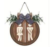 TEMU Farmhouse Restroom Sign - Manufactured Wood Wall Hanging Wreath with Plant Theme - Rustic Bathroom Art with Bow Accent, No Electricity or Feathers, Ideal for Christmas Decor (Pack of 1)