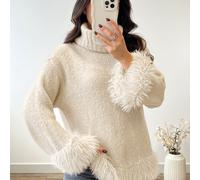 TEMU Fondos de inversión - Jersey de cuello para mujer en color liso con elegante dobladillo y puños con borlas sintéticas, que un suéter de larga de estilo vintage para mujer, para otoño e invierno