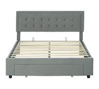 TEMU HOMCOM de cama 140 x 200 cm para 2 - base de listones de madera, elevador hidráulico, cajón con ruedas y cabecero ajustable tapizado en ,