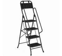 TEMU HOMCOM Escalera Plegable de Peldaños con Bolsa de Herramientas, Escalera de Tijera, Carga 150 kg, con Peldaños Anchos Antideslizantes, Bloqueo de Seguridad, Apoyabrazos, Negro