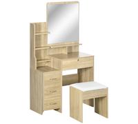 TEMU HOMCOM Tocador de Maquillaje con Taburete, Tocador con Espejo, 4 Cajones, Estantes, Compartimentos Abiertos, Estilo Moderno, para Dormitorio, Vestidor, 80x38x143 cm, Natural