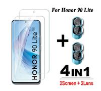 TEMU Honor 90 Lite 4-en-1 Protector de pantalla de vidrio templado de 6.7" con 2 lentes de cámara, película transparente y con pegamento completo para Honor 90 Lite