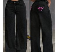 TEMU Jeans negros rectos para niñas con estilo Y2K y bordado de mariposas. es y cómoda, con una cintura elástica para un corte . jeans oscuros de moda son versátiles y adecuados para otoño e invierno.