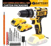 TEMU Jemi Herramienta Taladro Inalámbrico de 12V/21V, Batería de 1/2, de 45Nm, Ajuste de Par de 25+3 con Luz LED, 45 Combinaciones de Accesorios Disponibles en Plástica Portátil para Proyectos DIY