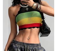 TEMU JOYSONS Top Corto de Crochet para Mujer - Diseño de Rayas Multicolor, Ajuste Sexy y & Transpirable Ropa de Playa , Camiseta Casual con Cuello y Manga Corta, Moda a