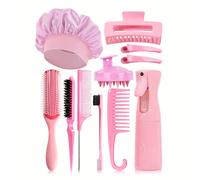 TEMU Juego de 11 piezas para peinado de mujer con gorros, peines, pinzas, cepillo para champú, cepillo rizador, cepillo para y botella de spray para cabello
