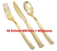 TEMU Juego de 120 cubiertos de plástico color dorado, que utensilios de resistencia. juego de cubiertos dorados 40 cuchillos, 40 tenedores y 40 cucharas, para fiestas, y .