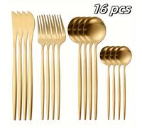 TEMU Juego de 16 piezas de cuchillos, tenedores, cucharas y cucharitas de té de acero inoxidable. Pulidos con revestimiento dorado de titanio, para lavavajillas