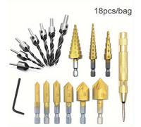 TEMU Juego de 18 brocas con una broca pagoda, punzón central, broca de carpintería de , herramienta de chaflán de hojas y broca para tapones de madera