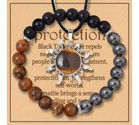 TEMU Juego de 2 Piezas: Pulsera y Collar Triple Protección - , Negra & Cristales Redondos de 8mm (Pulsera Elástica de Piedras Preciosas)