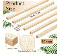 TEMU Juego de 20 varillas cuadradas de madera sin acabar, una de 19.7 pulgadas, ideal para manualidades, modelismo y proyectos de decoración del hogar