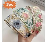TEMU Juego de 3 diademas bordadas de poliéster con ancha y estampado floral bohemio