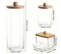 TEMU Juego de 3 frascos de almacenamiento para baño para hisopos y bolas de algodón, con tapas de madera y capacidades de 10 oz y 7 oz.