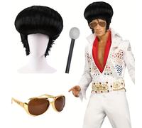 TEMU Juego de 3 piezas que una peluca de un cantante de rock de , gafas y un micrófono inflable, para disfraces de cantantes de rock and roll de los 60 de discoteca.
