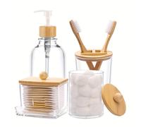 TEMU Juego de 4 accesorios para el baño - Porta cepillos de dientes transparente, dispensador de jabón de plástico y 2 recipientes para hisopos/desmaquillantes/bolas de algodón