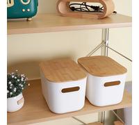 TEMU Juego de 4 Cajas de Almacenamiento de Plástico con Tapas de Bambú, Contenedores Organizadores Apilables para Ordenar, Etiquetas y Rotulador, 10..01 x 6.1 Pulgadas
