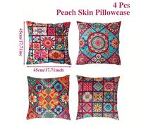 TEMU Juego de 4 fundas de almohada estilo bohemio con diseño de piel de melocotón, 45X45Cm, con un colorido de mandala a cuadros, diseño de patchwork de mandala, para la decoración del salón del hogar