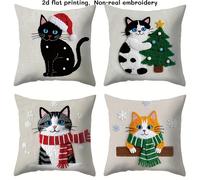 TEMU Juego de 4 fundas de cojín con diseño moderno y temática navideña de gatos bordados con sombreros festivos junto a un árbol. Tamaño: 17.7"X17.7". Perfectas para dar un .