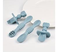 TEMU Juego de 4 piezas y tenedor de silicona para bebés de 0 a 3 años, cucharón especial para alimentación con agujero, juego y tenedor corto o largo, cuchara con diseño infantil, grado alimenticio