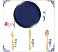 TEMU Juego de 40 Piezas de Platos de Plástico Azul - Platos Navy y Dorados, Reutilizables con 10 Platos para Postre/30 Cubiertos, Ideal para Fiestas// & Celebraciones, Acción de Gracias/Año /Nadal