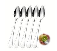 TEMU Juego de 5 cucharas de acero inoxidable para con bordes serrados y gruesos, utensilios de cocina plateados para kiwi, postres, manzanas y frutas cítricas
