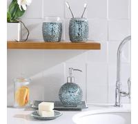 TEMU Juego de 5 Piezas de Accesorios para Baño en Vidrio Mosaico Craquelado - Dispensador de Loción/Portacepillos/Vaso/Bandeja de Tocador/Jabonera (Azul )