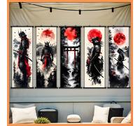 TEMU Juego de 5 Piezas en para Colgar, de Samurái en , Impresión de Paisaje de Samuráis con Salpicaduras de Tinta para Decoración de Paredes en Dormitorio u Oficina, Ganchos de Plástico