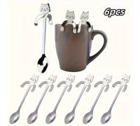 TEMU Juego de 6 cucharas colgantes de acero inoxidable con forma de gato - Agitador de té y café - Juego de utensilios de cocina