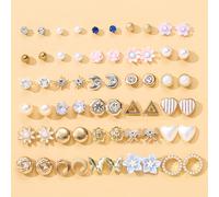 TEMU Juego de 60 Pendientes de Moda, Formas Variadas: , , Geométrico y Aros Florales con Pedrería Falsa en Acero Inoxidable Exquisito para Mujeres